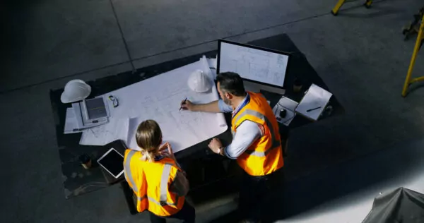 Vue du haut sur une table à dessin où deux ingénieurs vêtus d'un gilet orange travaillent sur un plan