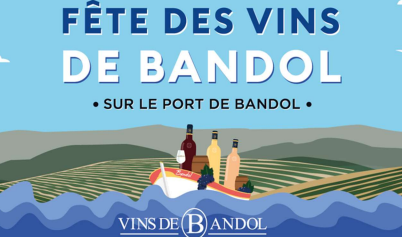 Illustration annonçant la Fête des Vins de Bandol sur le port de Bandol. Au premier plan, trois bouteilles de vin entourées de vagues bleues, avec des vignobles et le paysage méditerranéen en arrière-plan.