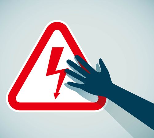 Pictogramme de danger électrique avec une main s’approchant d’un symbole d’éclair.