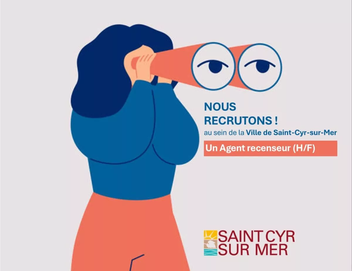 Illustration d’une personne utilisant une longue-vue, accompagnée du message « Nous recrutons ! Un agent recenseur (H/F) » pour la Ville de Saint-Cyr-sur-Mer.