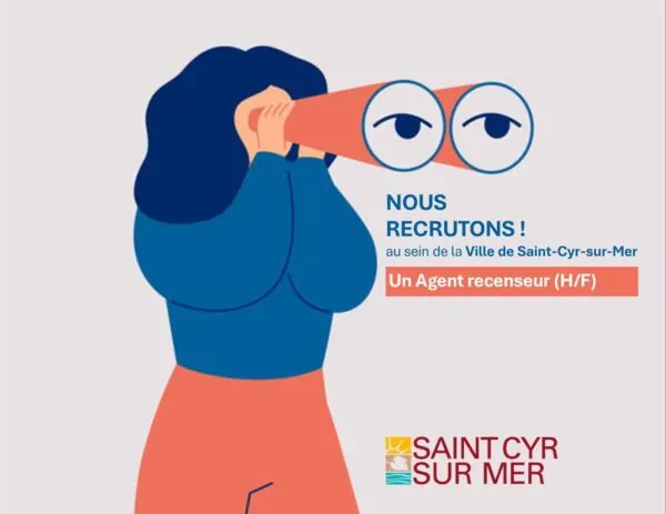 Illustration d’une personne utilisant une longue-vue, accompagnée du message « Nous recrutons ! Un agent recenseur (H/F) » pour la Ville de Saint-Cyr-sur-Mer.