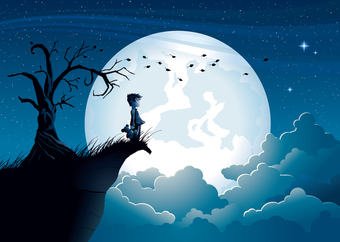 Illustration d’un enfant assis sur une falaise, face à une immense pleine lune lumineuse, sous un ciel étoilé. Un arbre sombre et des oiseaux en vol composent une scène nocturne poétique aux tons bleus, évoquant le rêve et l’imaginaire.