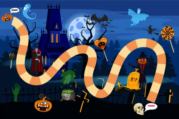 illustration représentant un paysage d'halloween sombre et un jeu de piste destiné aux enfants